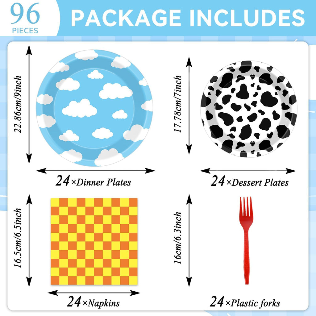 CHUNNIN 96PCS Cartoon Story Party Plates & Napkins – Toy-Inspired Tableware for 24 Guests