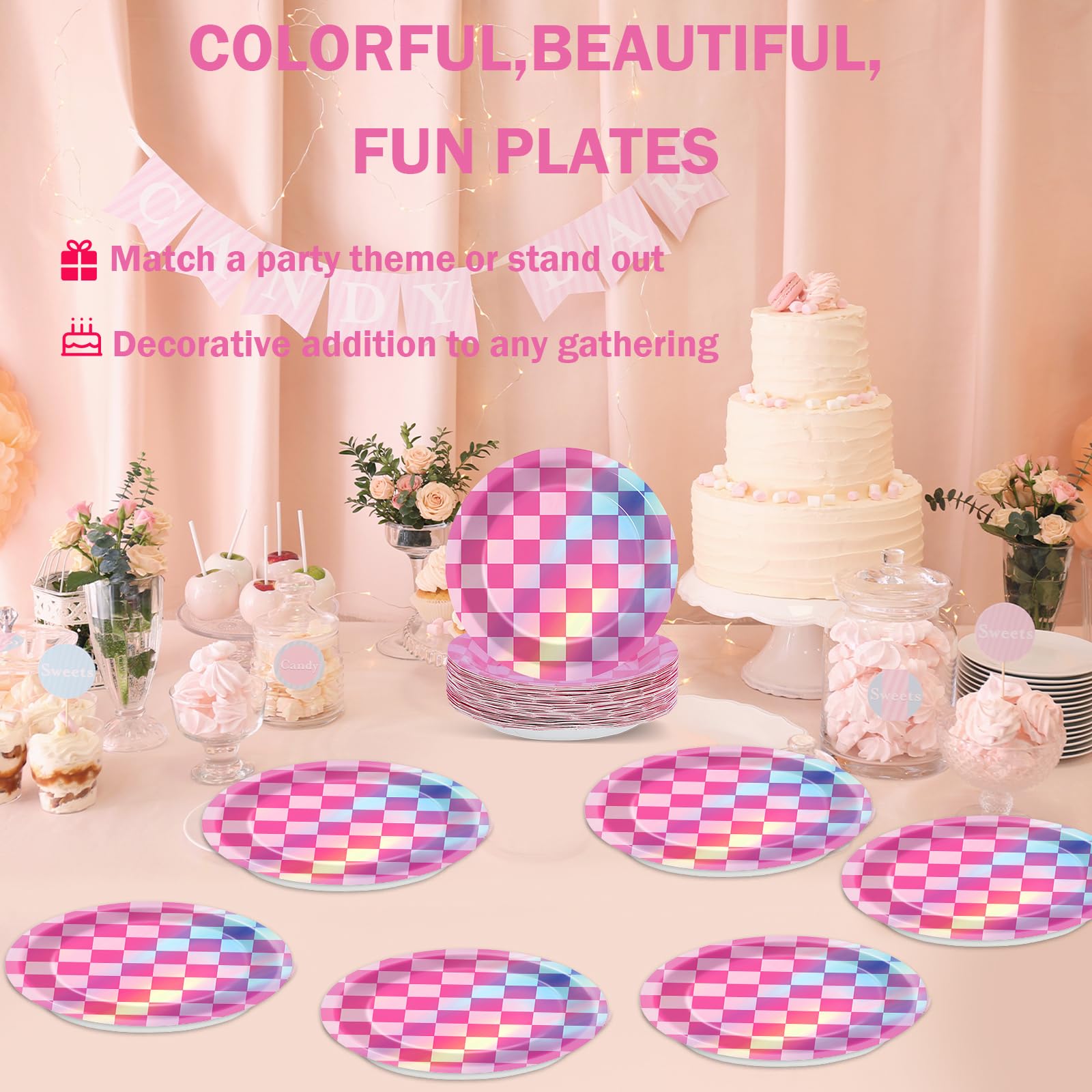 CHUNNIN 50-Pack Pink Iridescent Checkered 7-Inch Party Plates