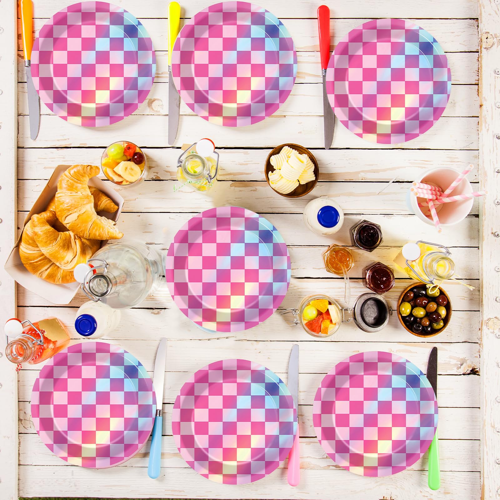 CHUNNIN 50-Pack Pink Iridescent Checkered 7-Inch Party Plates