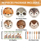 CHUNNIN 96Pcs Woodland Party Plates & Napkins — Animal-Themed Disposable Tableware for Kids (Serves 24)