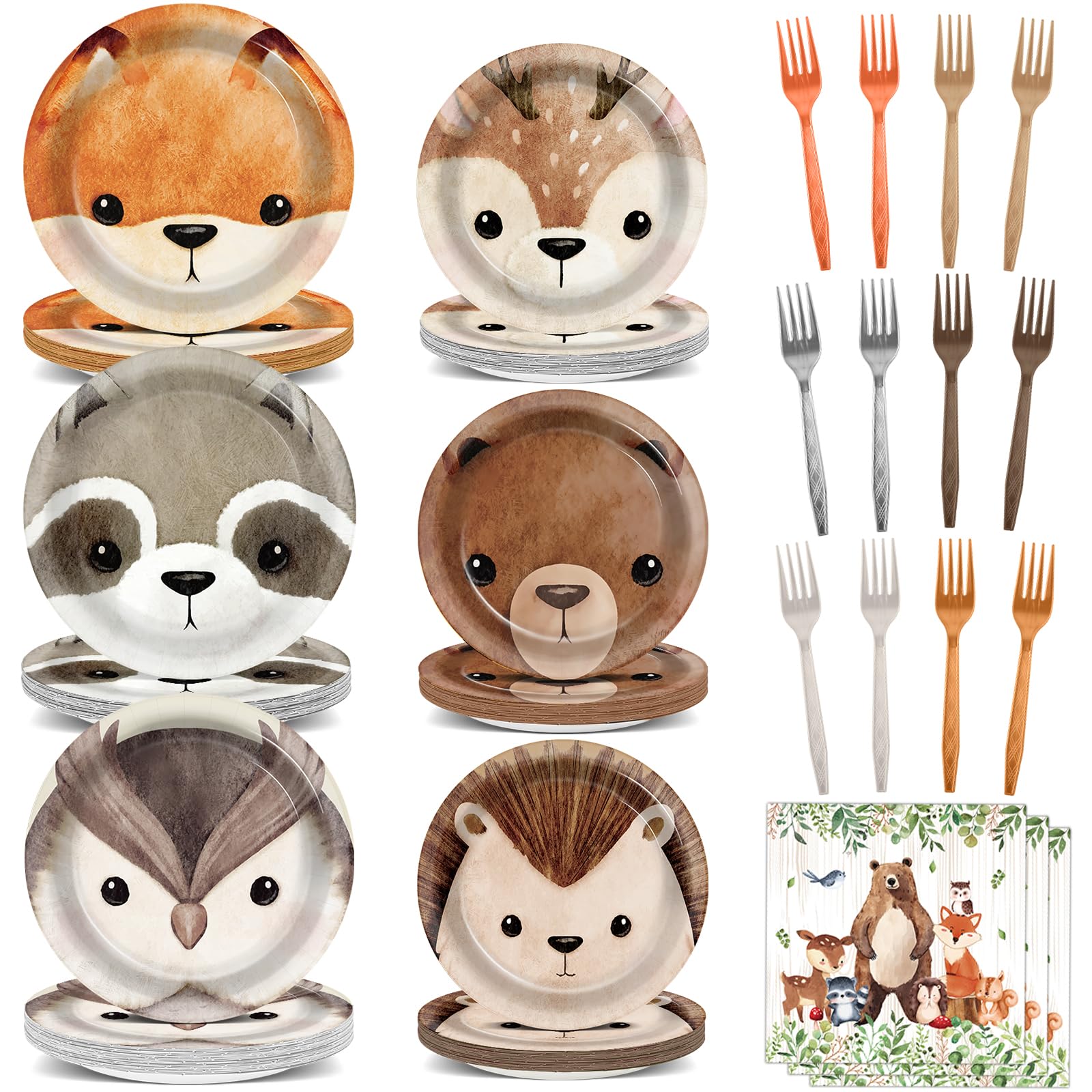 CHUNNIN 96Pcs Woodland Party Plates & Napkins — Animal-Themed Disposable Tableware for Kids (Serves 24)