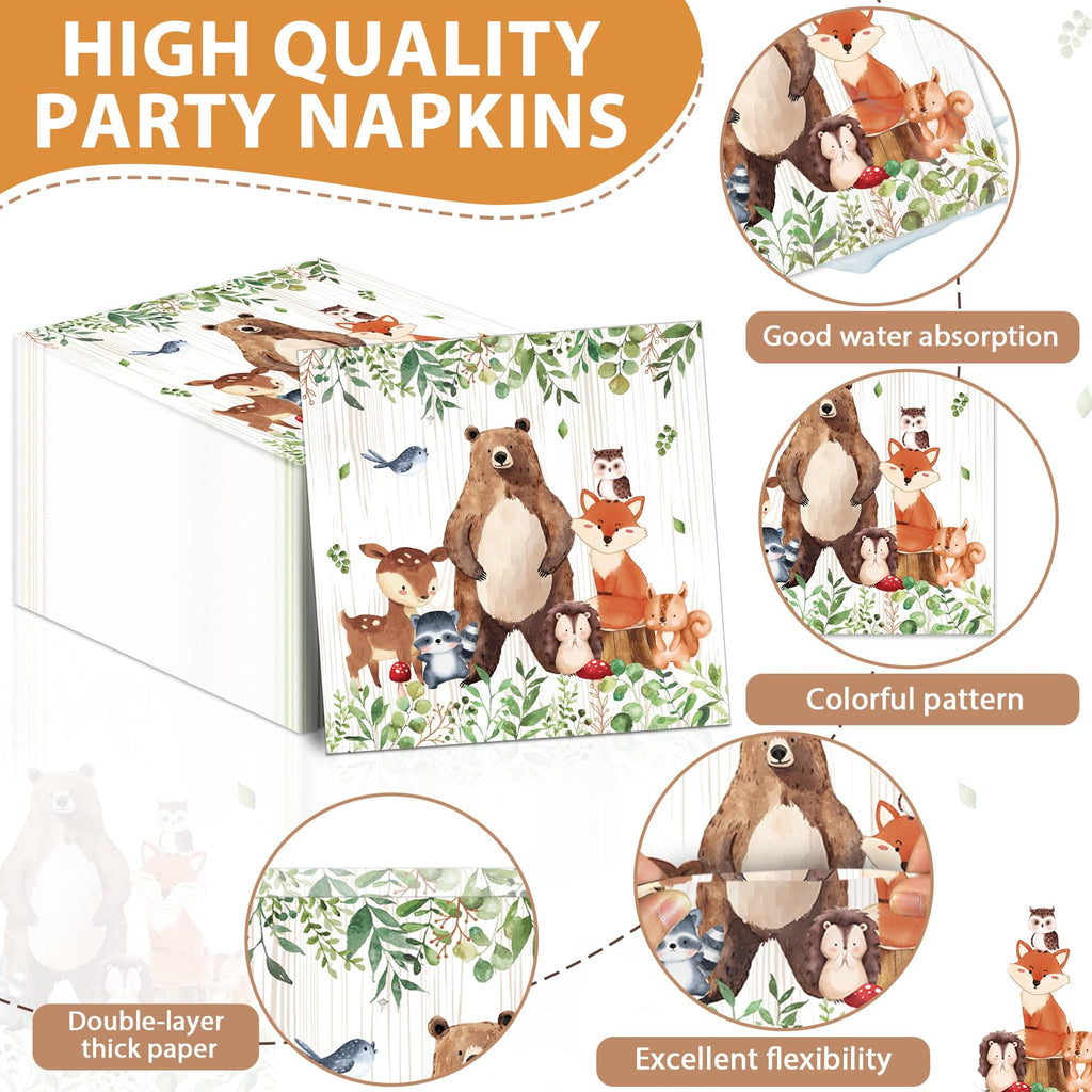 CHUNNIN 96Pcs Woodland Party Plates & Napkins — Animal-Themed Disposable Tableware for Kids (Serves 24)