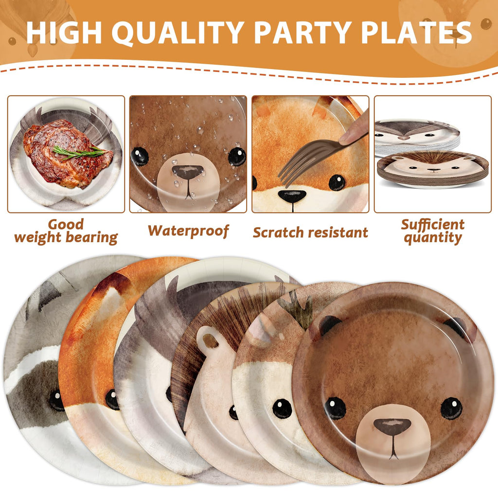CHUNNIN 96Pcs Woodland Party Plates & Napkins — Animal-Themed Disposable Tableware for Kids (Serves 24)