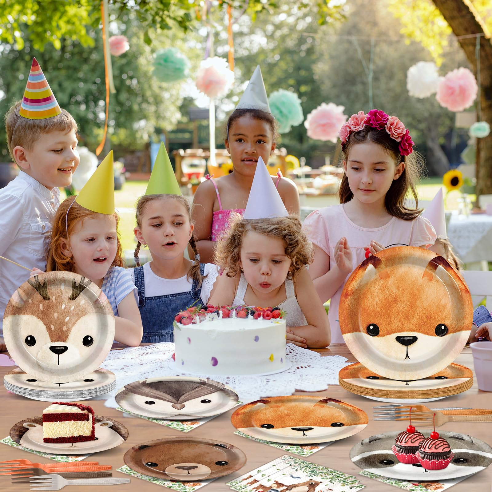 CHUNNIN 96Pcs Woodland Party Plates & Napkins — Animal-Themed Disposable Tableware for Kids (Serves 24)