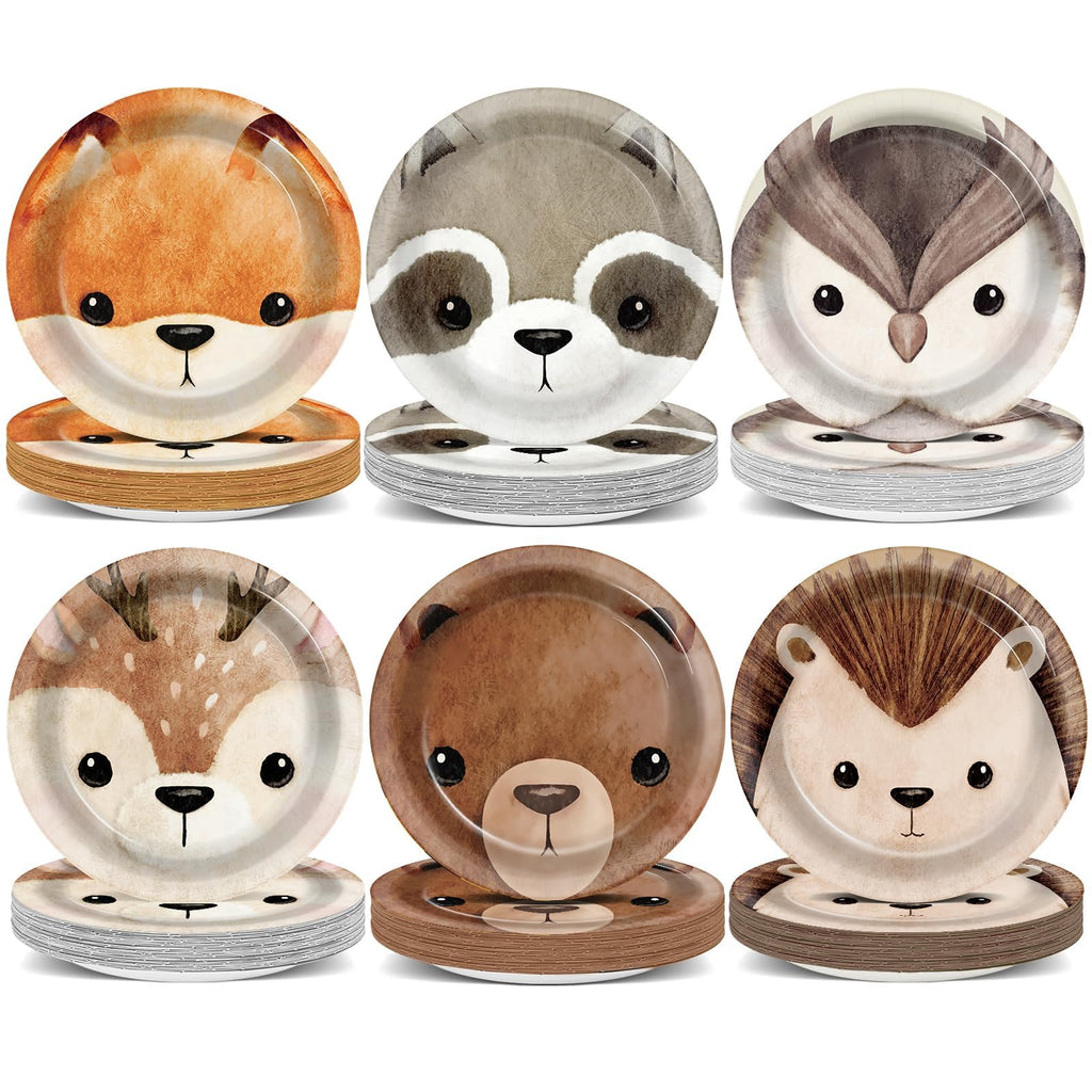 CHUNNIN 60Pcs Woodland Party Plates – 7-Inch Disposable Forest Creature Dinnerware for Baby Showers & Parties