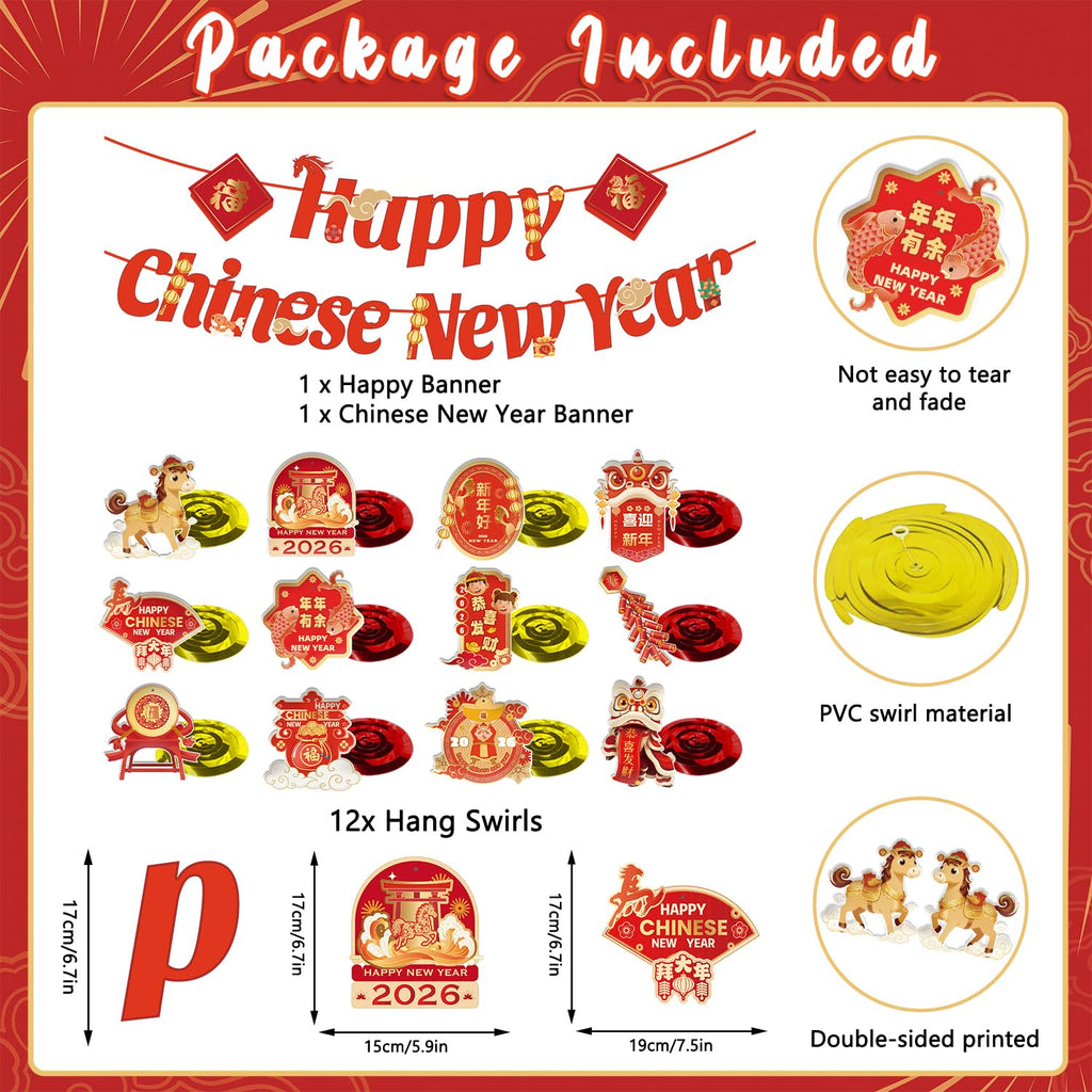 CHYAGCLT Chinese New Year Decorations 2026 – Happy New Year Banner & Gold-Red Swirls