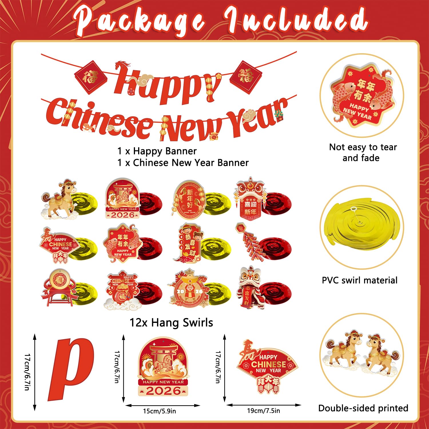 CHYAGCLT Chinese New Year Decorations 2026 – Happy New Year Banner & Gold-Red Swirls