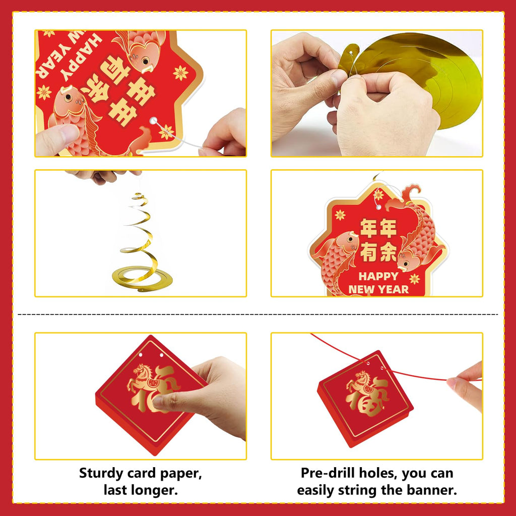 CHYAGCLT Chinese New Year Decorations 2026 – Happy New Year Banner & Gold-Red Swirls