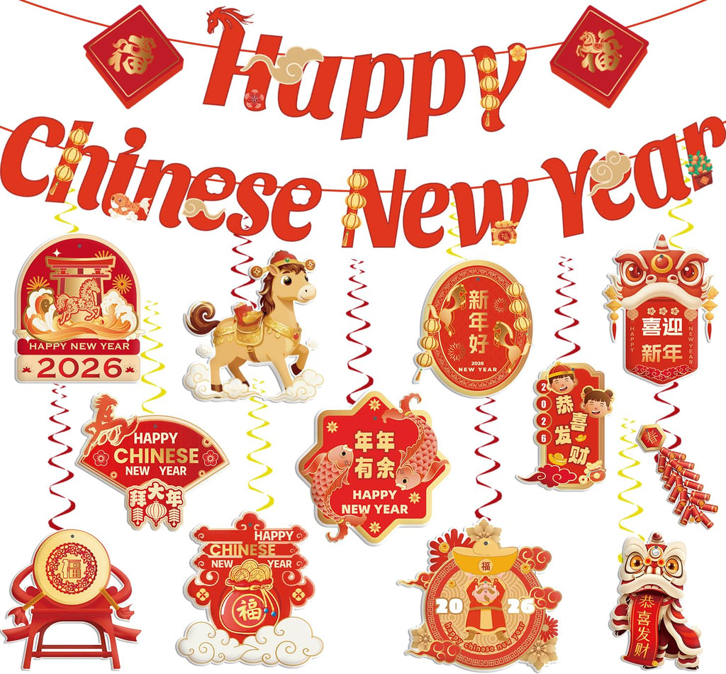 CHYAGCLT Chinese New Year Decorations 2026 – Happy New Year Banner & Gold-Red Swirls