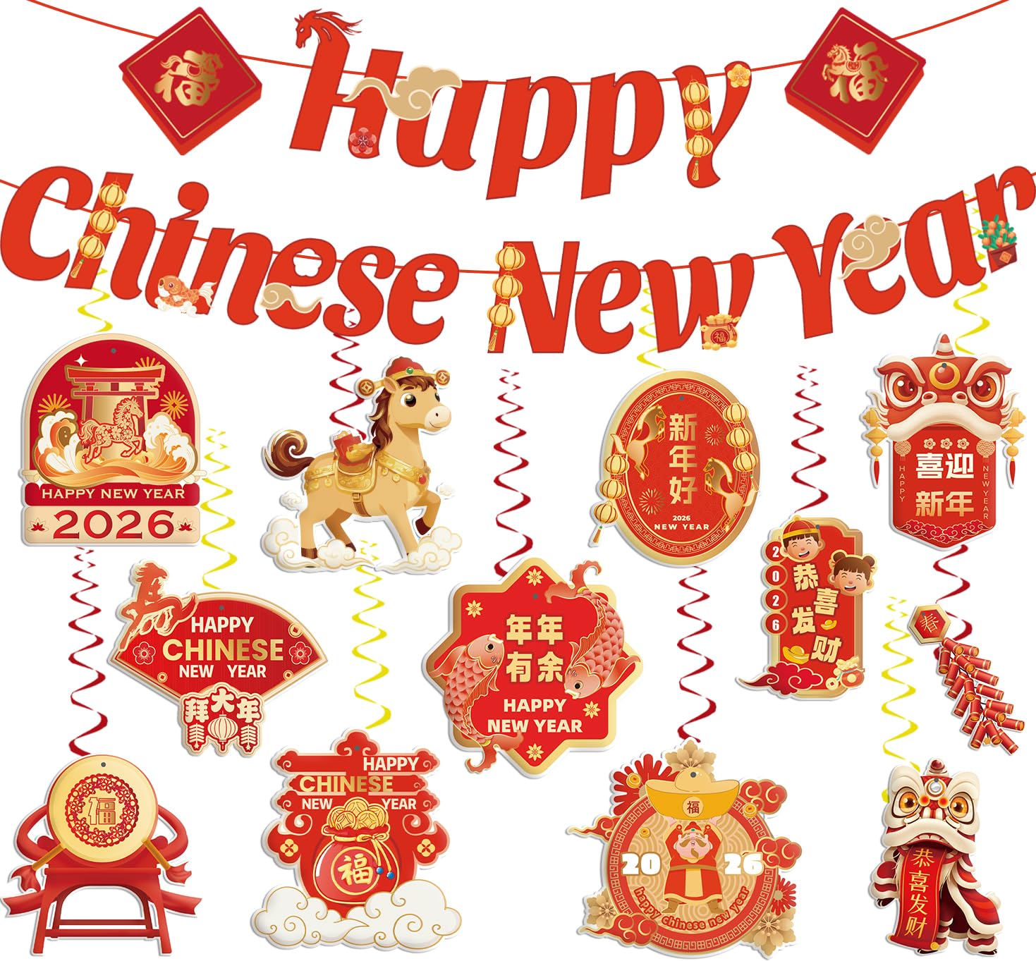 CHYAGCLT Chinese New Year Decorations 2026 – Happy New Year Banner & Gold-Red Swirls