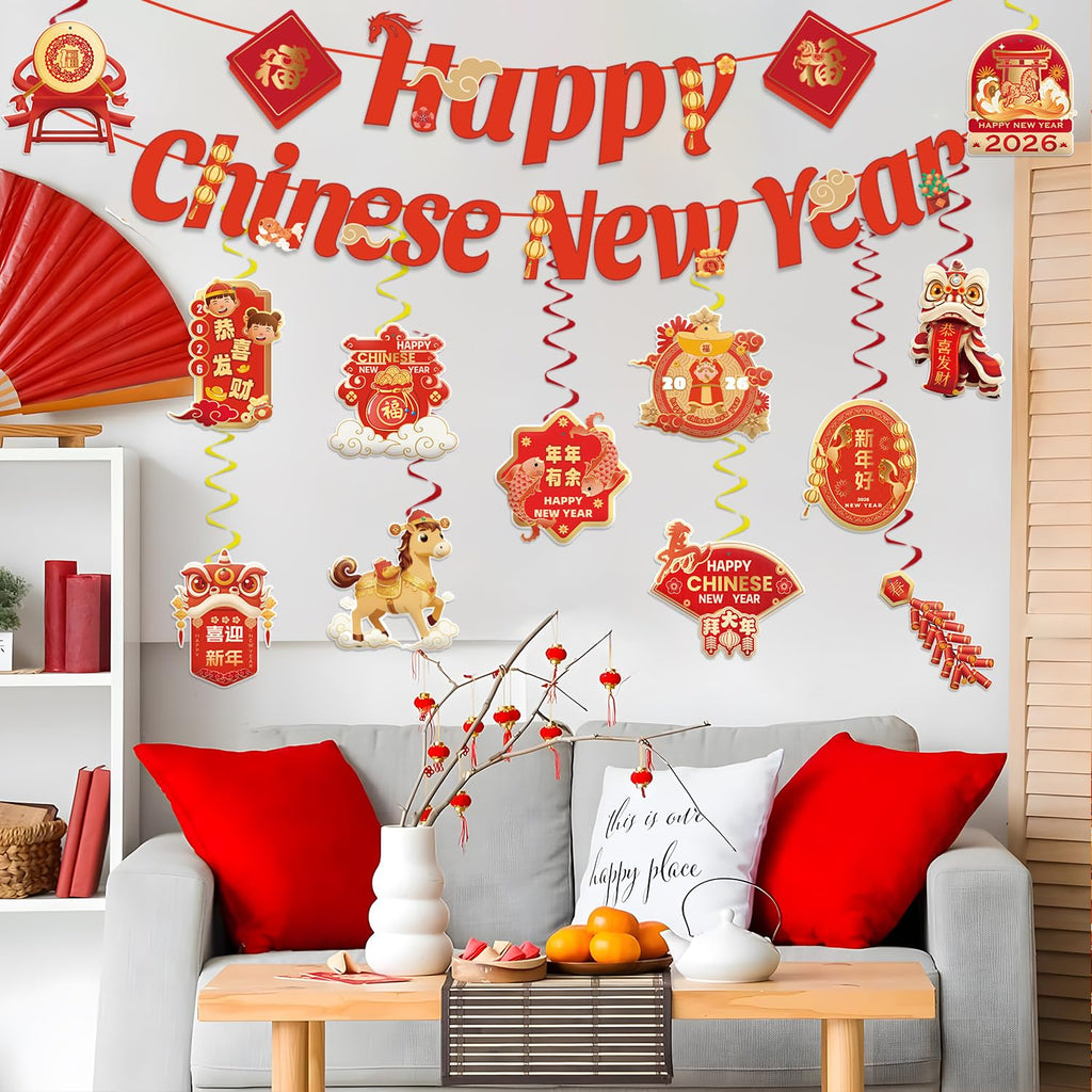 CHYAGCLT Chinese New Year Decorations 2026 – Happy New Year Banner & Gold-Red Swirls