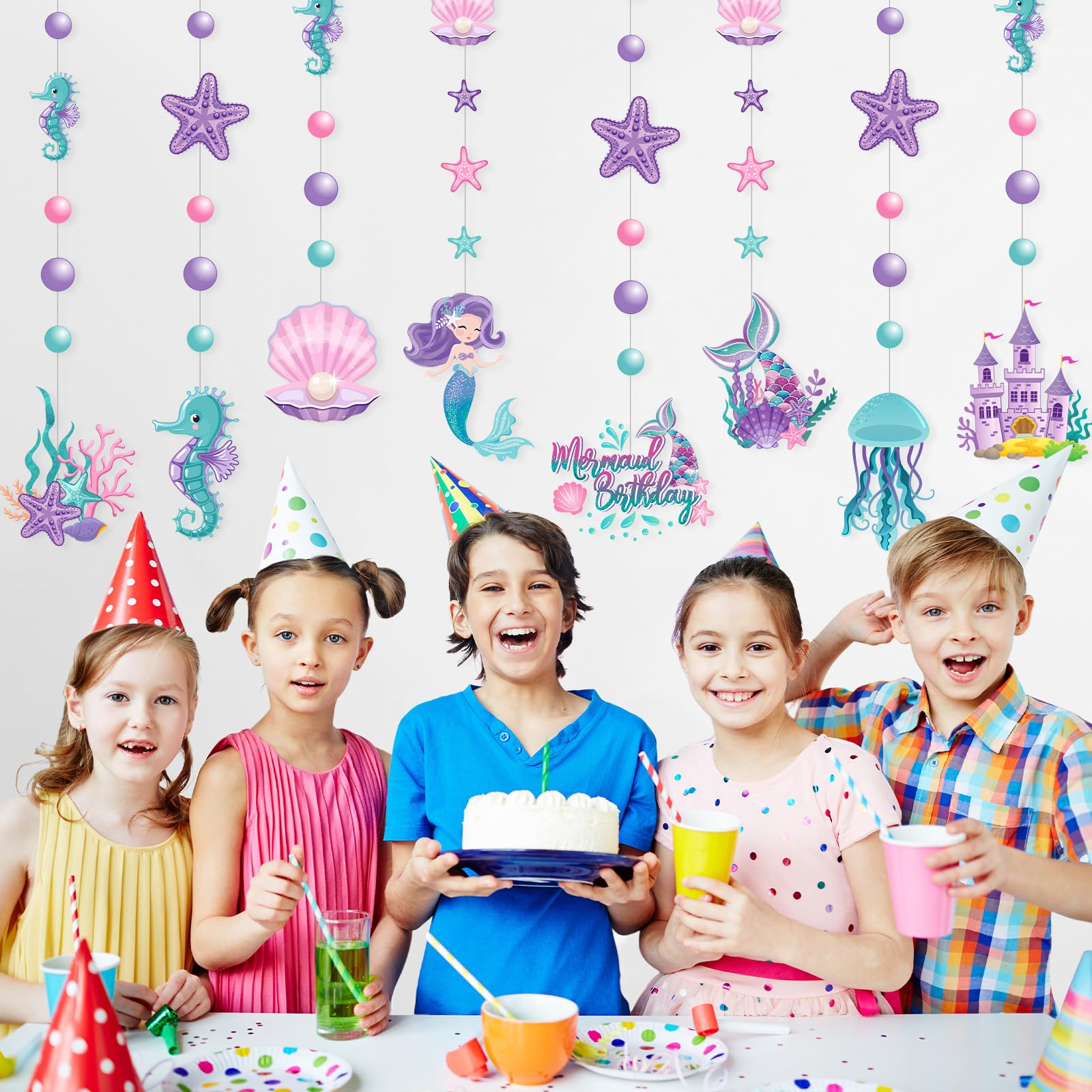 Cindeer 8 Pcs Mermaid Birthday Party Decorations – Ocean Garlands & Hanging Banner