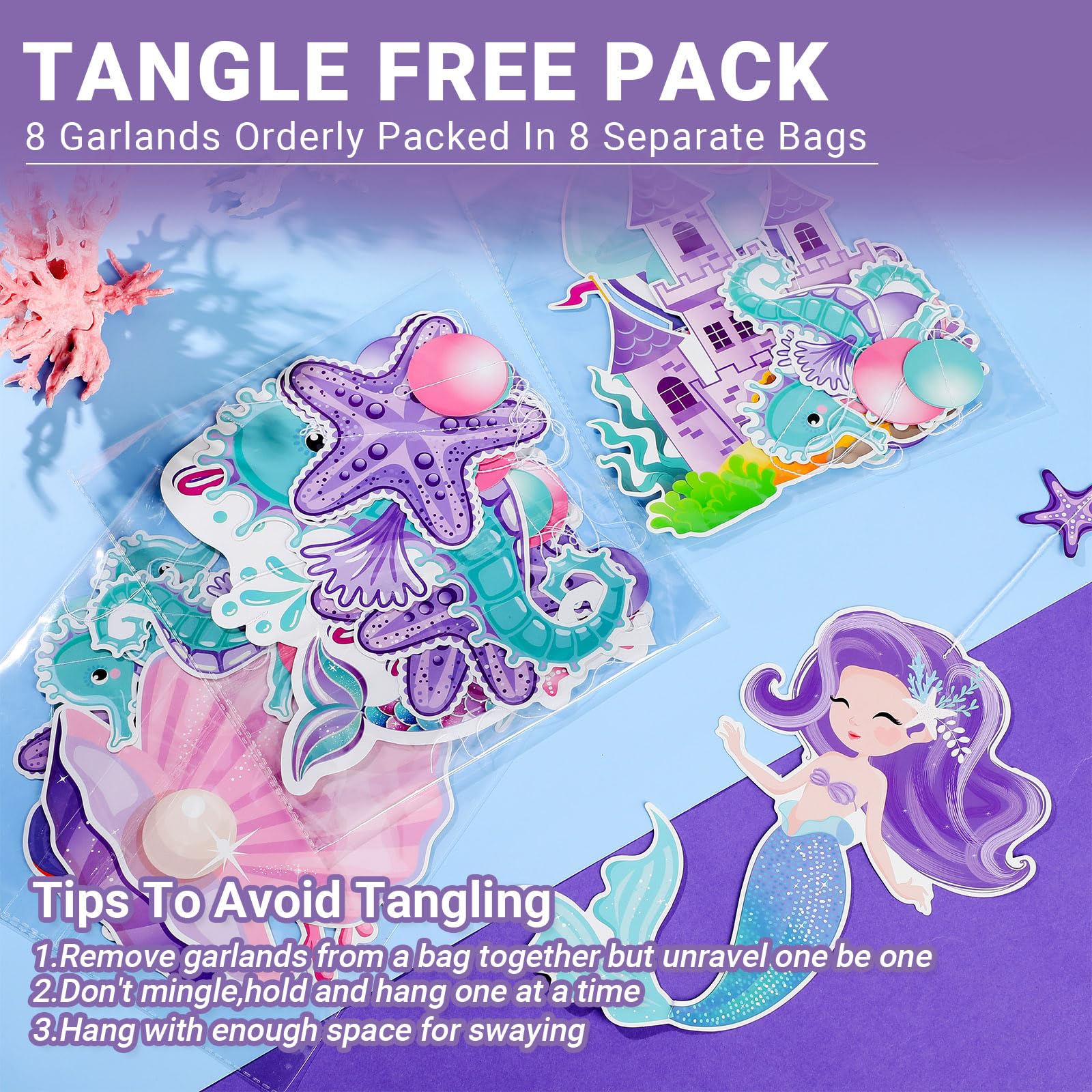 Cindeer 8 Pcs Mermaid Birthday Party Decorations – Ocean Garlands & Hanging Banner