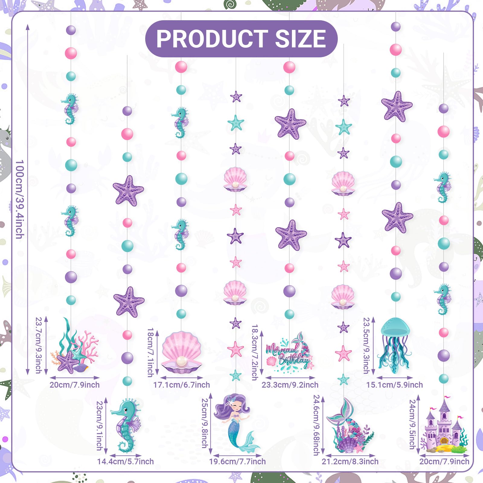 Cindeer 8 Pcs Mermaid Birthday Party Decorations – Ocean Garlands & Hanging Banner
