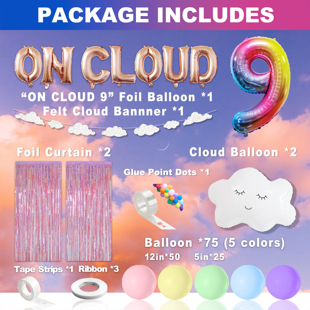 On Cloud 9 Birthday Decorations for Girls - Rainbow Balloon Arch, White Cloud Banners & Foil Curtain | CJDCXY
