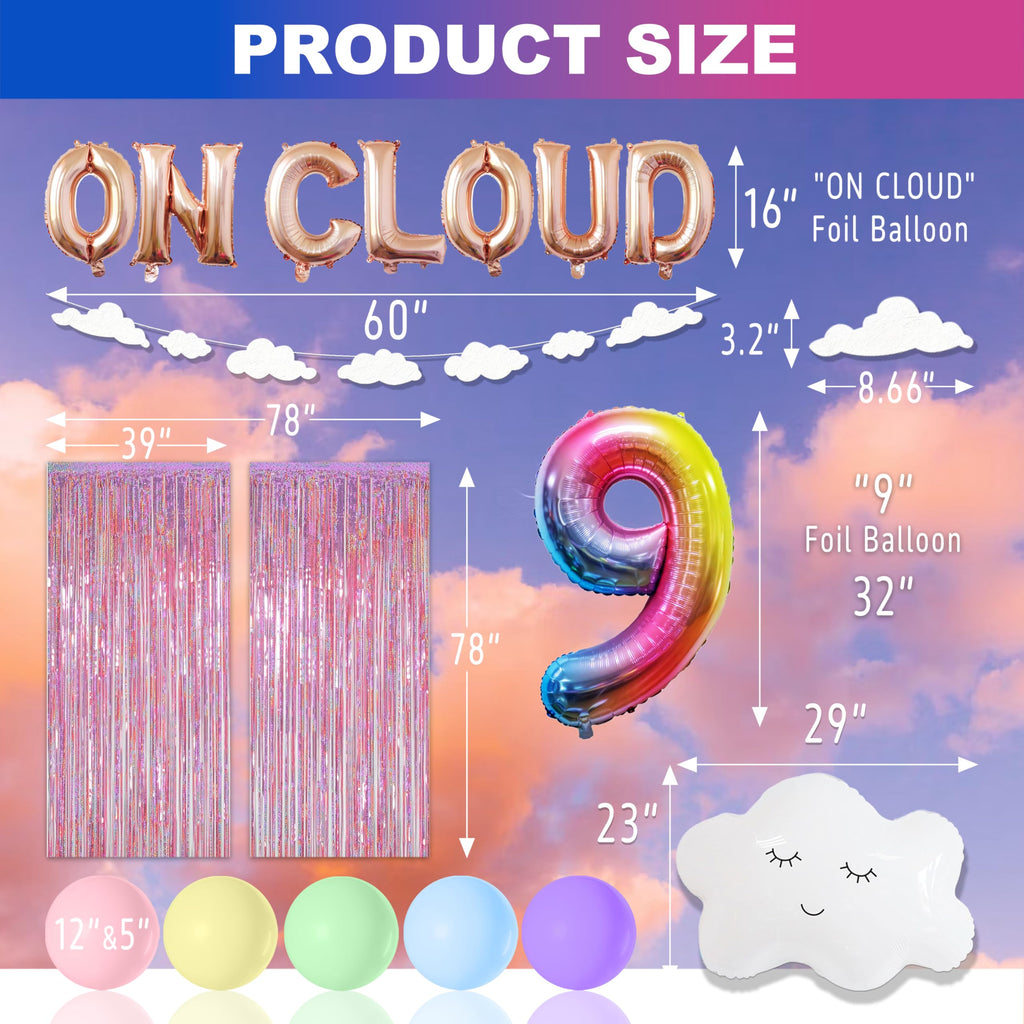 On Cloud 9 Birthday Decorations for Girls - Rainbow Balloon Arch, White Cloud Banners & Foil Curtain | CJDCXY