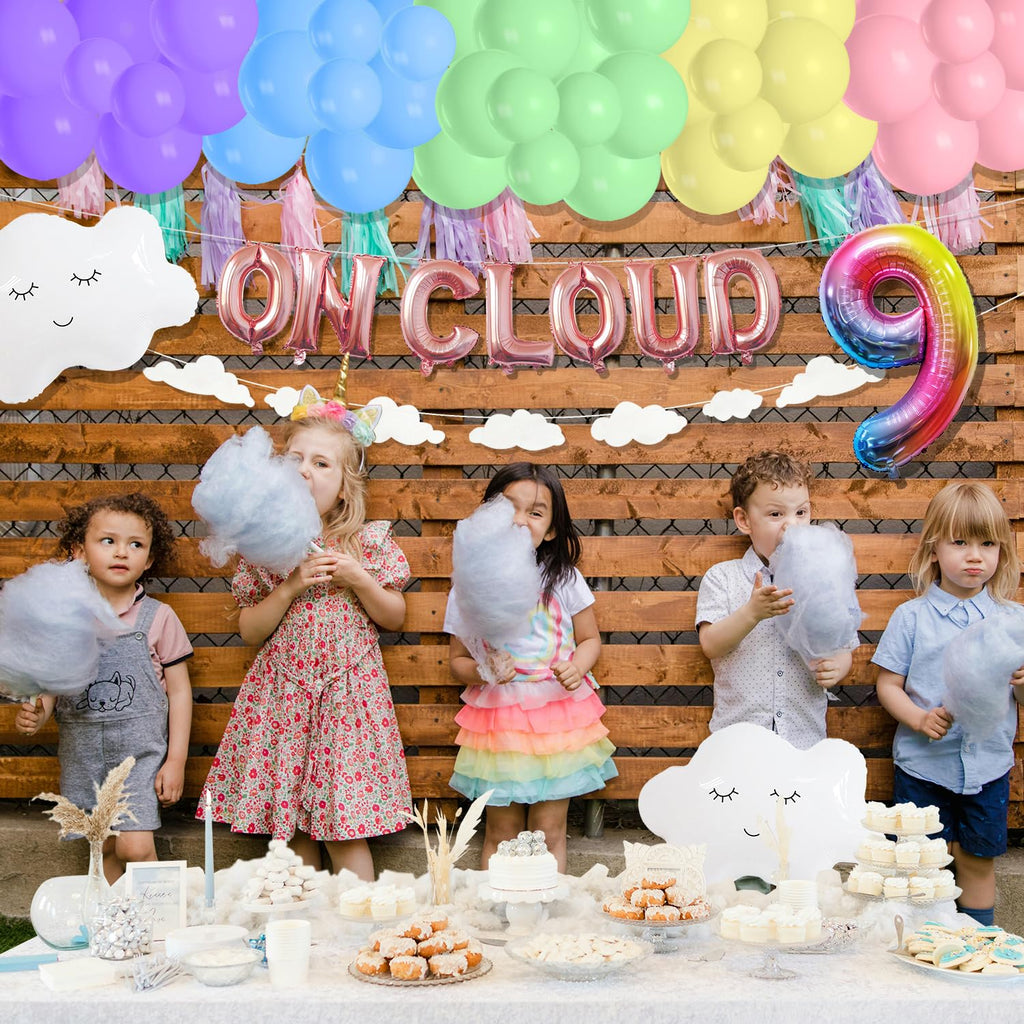 On Cloud 9 Birthday Decorations for Girls - Rainbow Balloon Arch, White Cloud Banners & Foil Curtain | CJDCXY