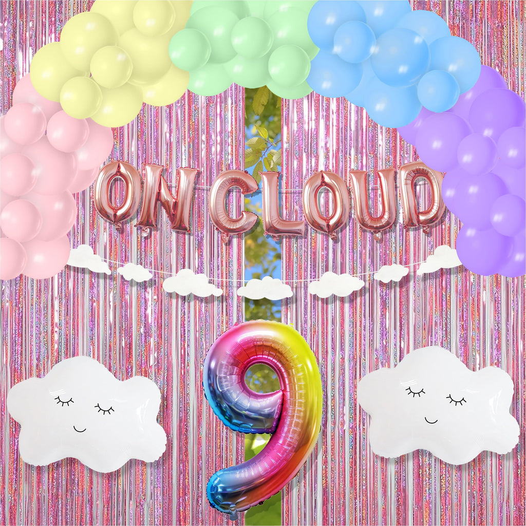 On Cloud 9 Birthday Decorations for Girls - Rainbow Balloon Arch, White Cloud Banners & Foil Curtain | CJDCXY