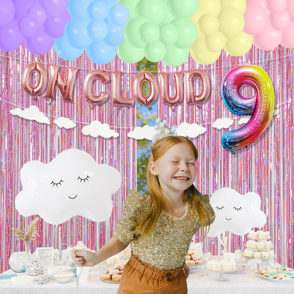 On Cloud 9 Birthday Decorations for Girls - Rainbow Balloon Arch, White Cloud Banners & Foil Curtain | CJDCXY