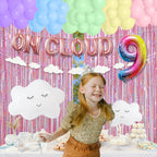 On Cloud 9 Birthday Decorations for Girls - Rainbow Balloon Arch, White Cloud Banners & Foil Curtain | CJDCXY