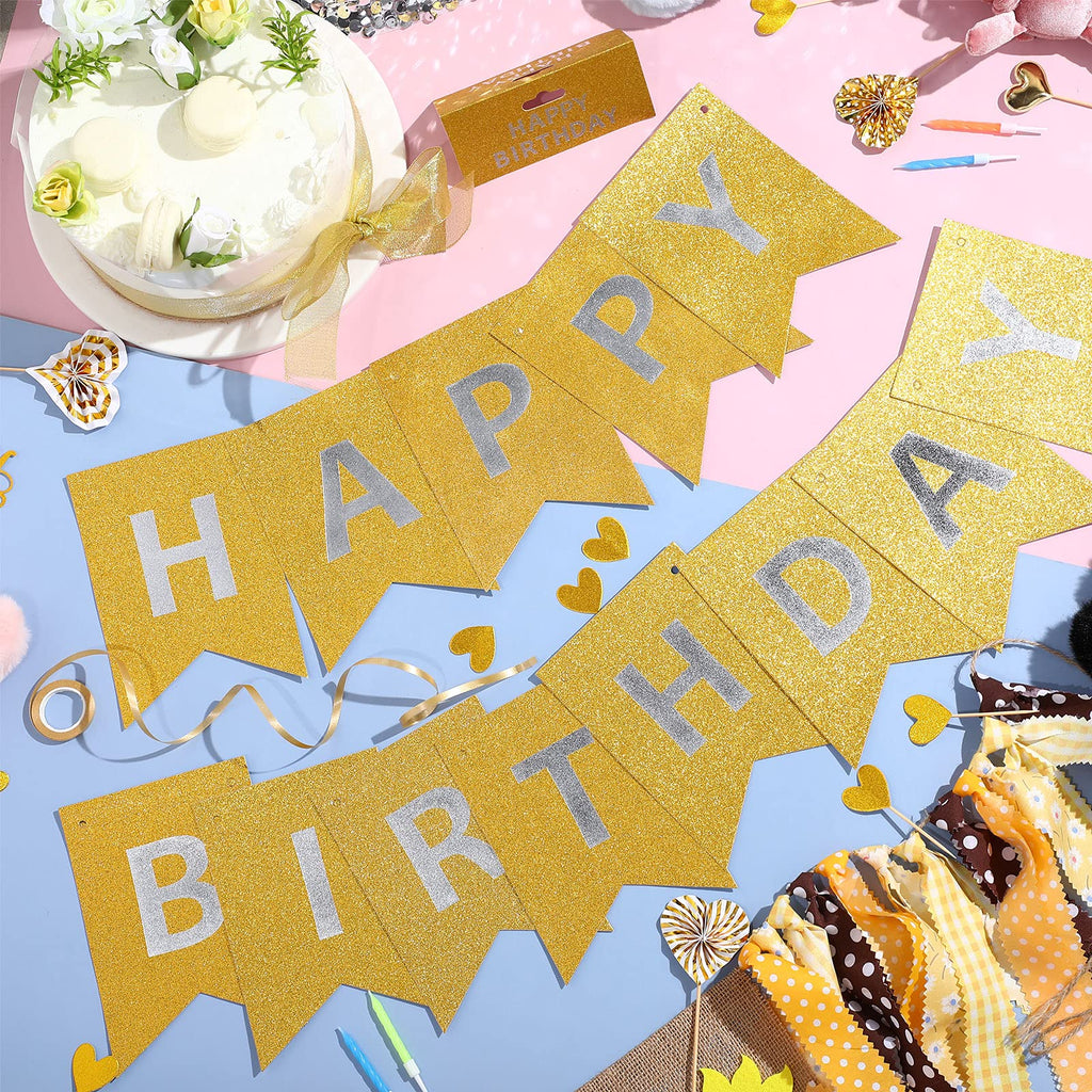 Clabby Glitter Gold Happy Birthday Banner – Shiny Letter Flags with Hanging Rope