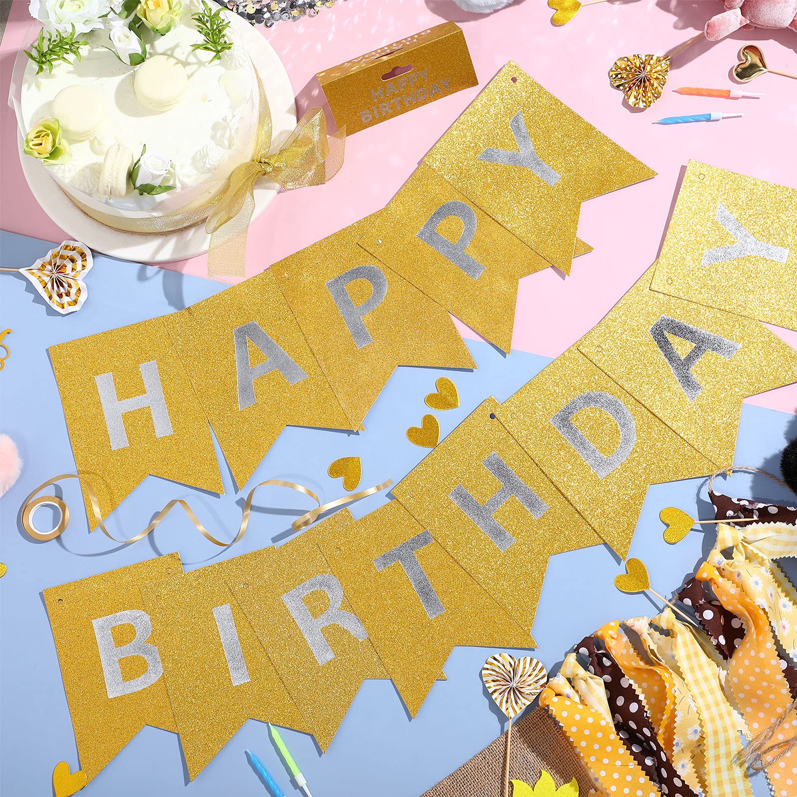 Clabby Glitter Gold Happy Birthday Banner – Shiny Letter Flags with Hanging Rope