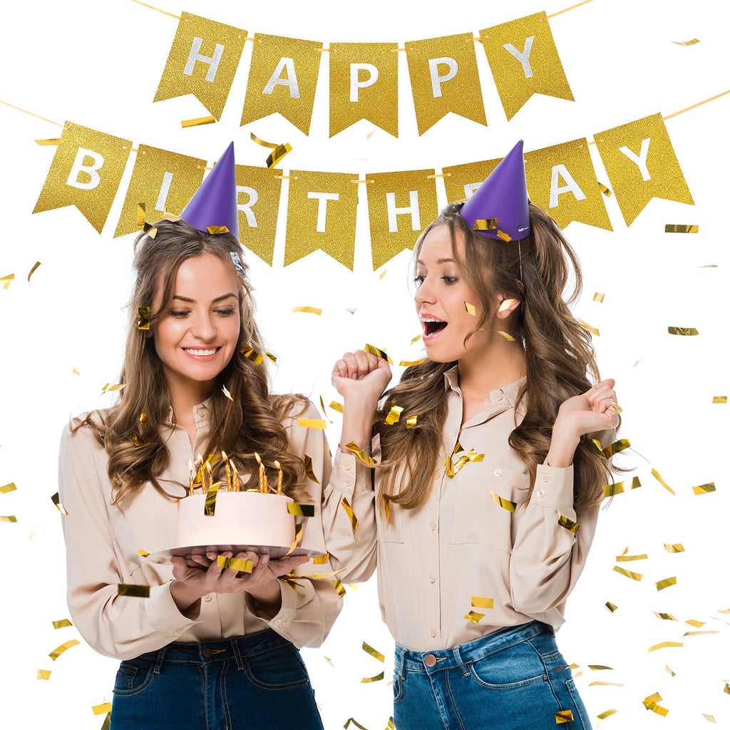 Clabby Glitter Gold Happy Birthday Banner – Shiny Letter Flags with Hanging Rope