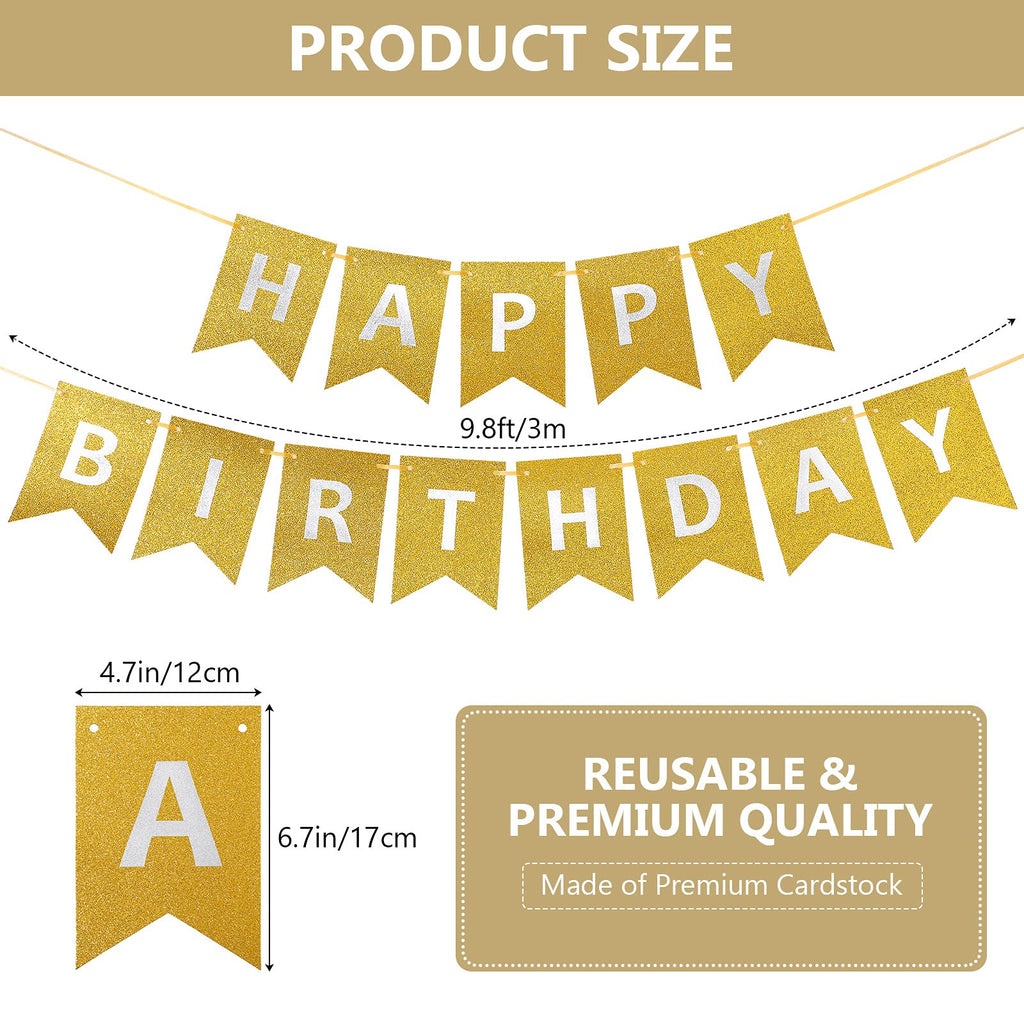 Clabby Glitter Gold Happy Birthday Banner – Shiny Letter Flags with Hanging Rope