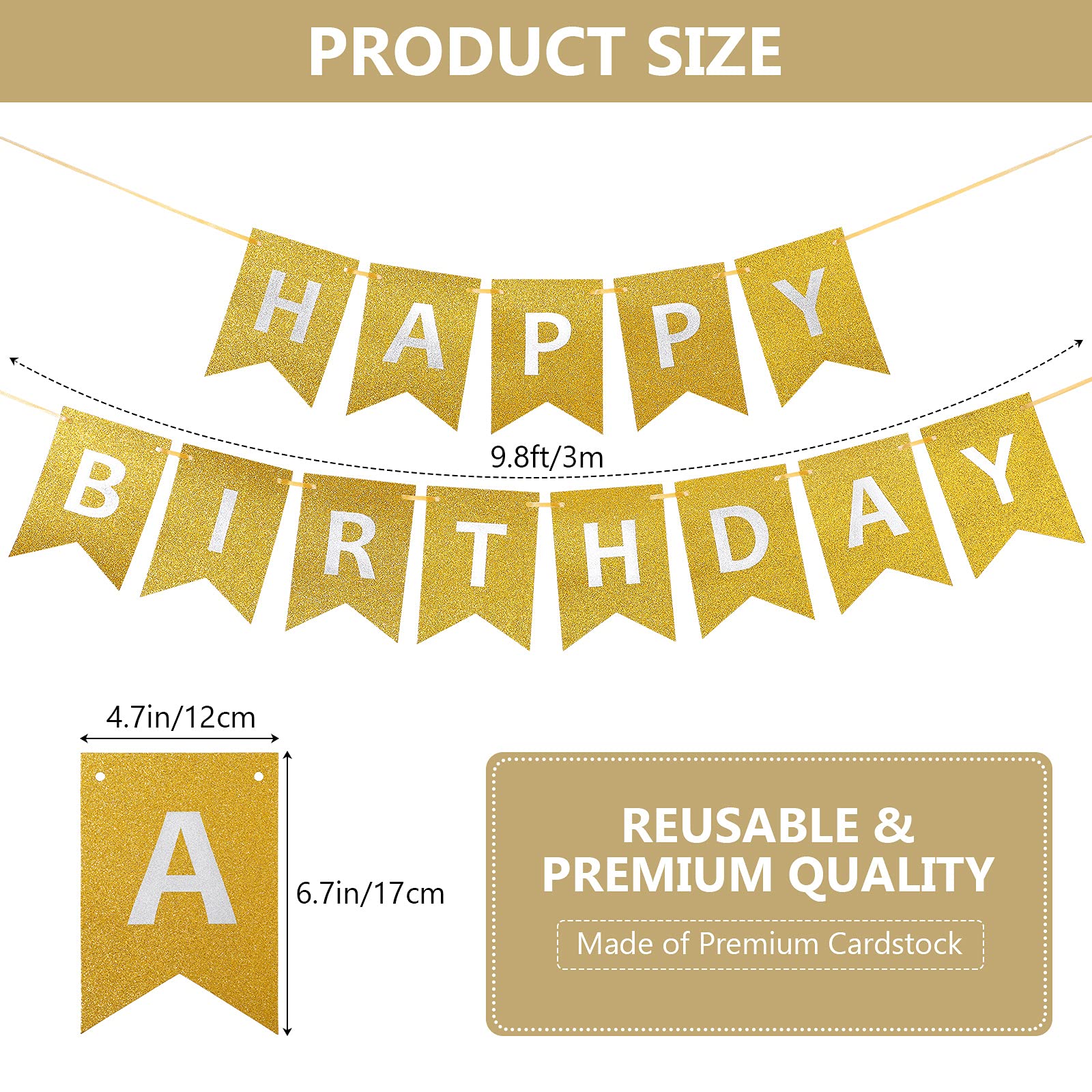 Clabby Glitter Gold Happy Birthday Banner – Shiny Letter Flags with Hanging Rope