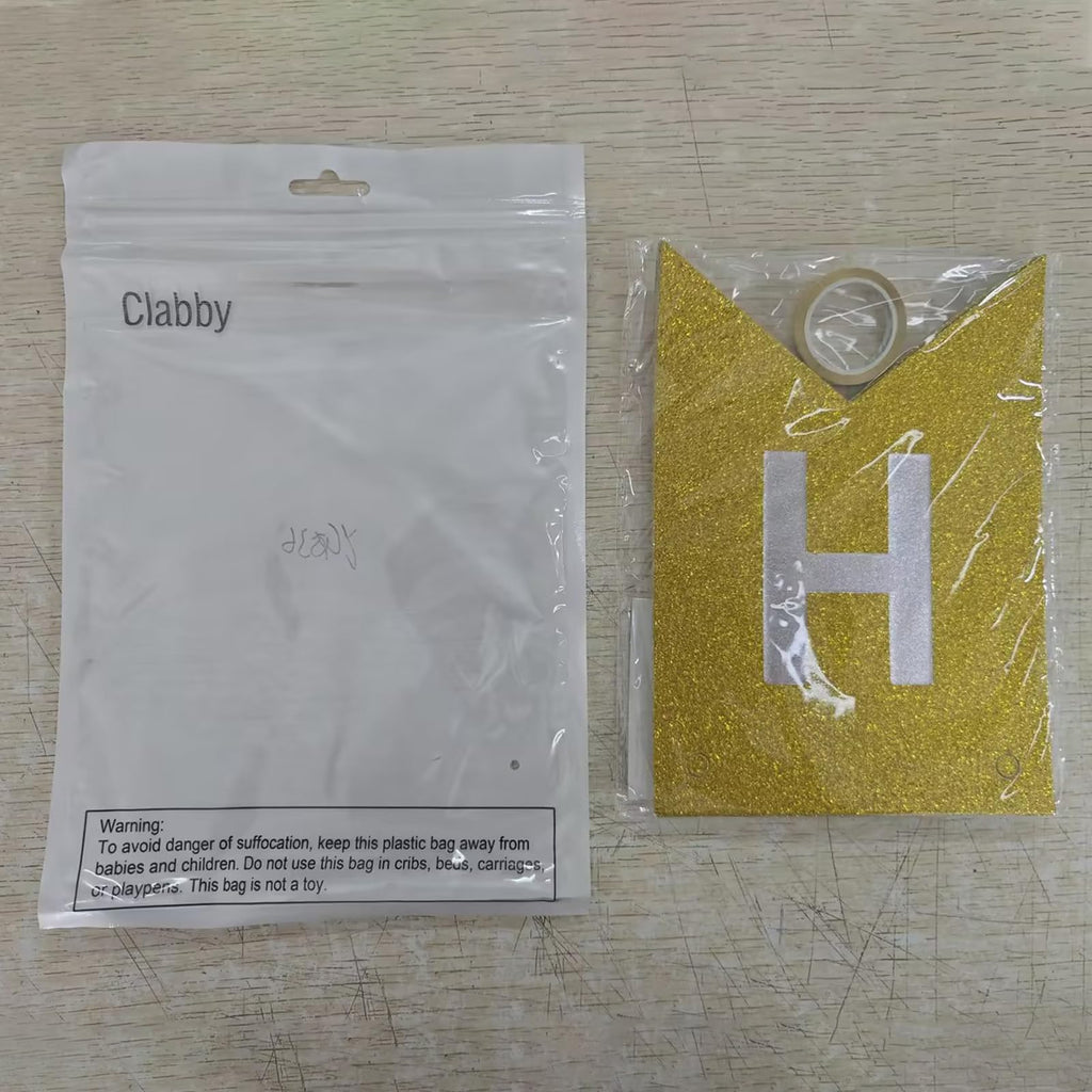 Clabby Glitter Gold Happy Birthday Banner – Shiny Letter Flags with Hanging Rope