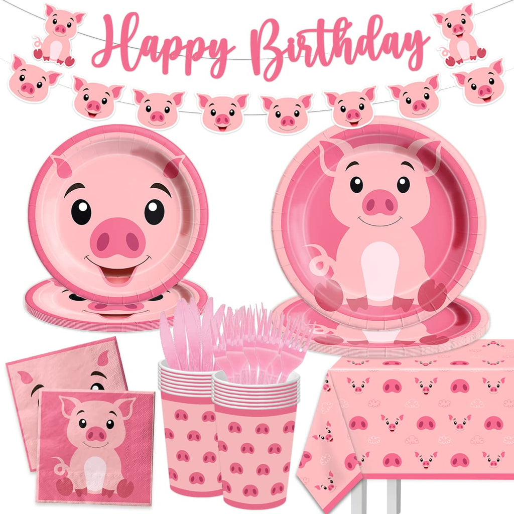 CMUSKO Pig Birthday Decorations - 143Pcs Farm Animal Tableware for 20 Guests