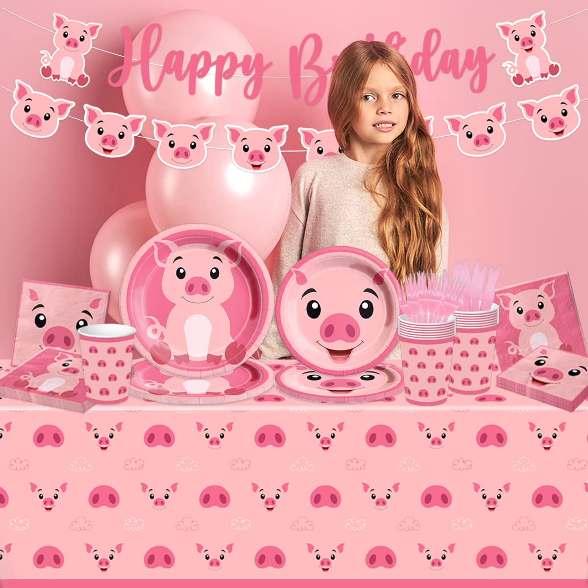CMUSKO Pig Birthday Decorations - 143Pcs Farm Animal Tableware for 20 Guests