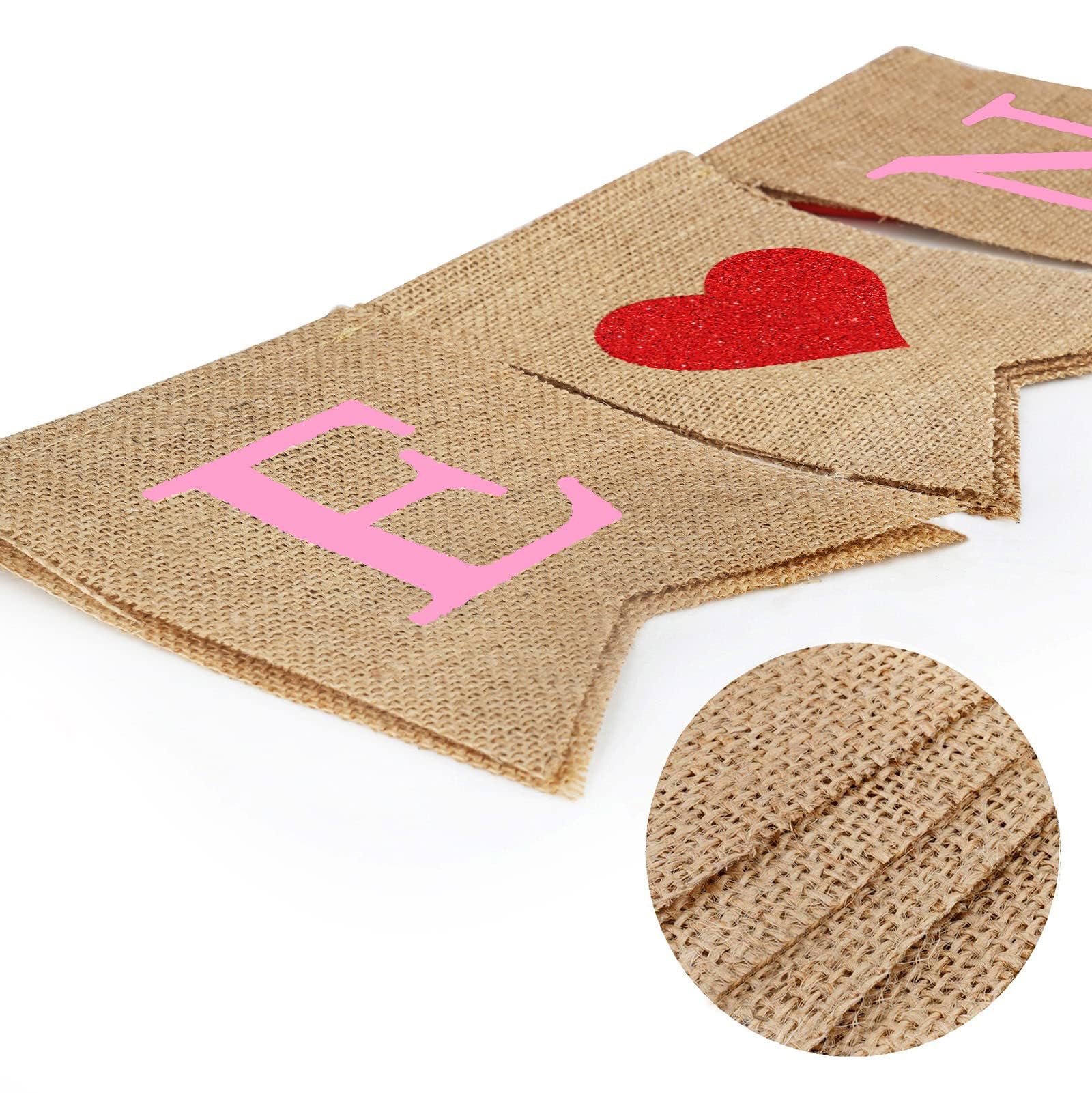 CNVOILA Be Mine Valentines Burlap Banner + 28 Felt Hearts Garland – Pre-Assembled Decor