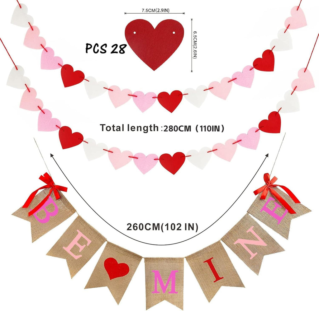 CNVOILA Be Mine Valentines Burlap Banner + 28 Felt Hearts Garland – Pre-Assembled Decor