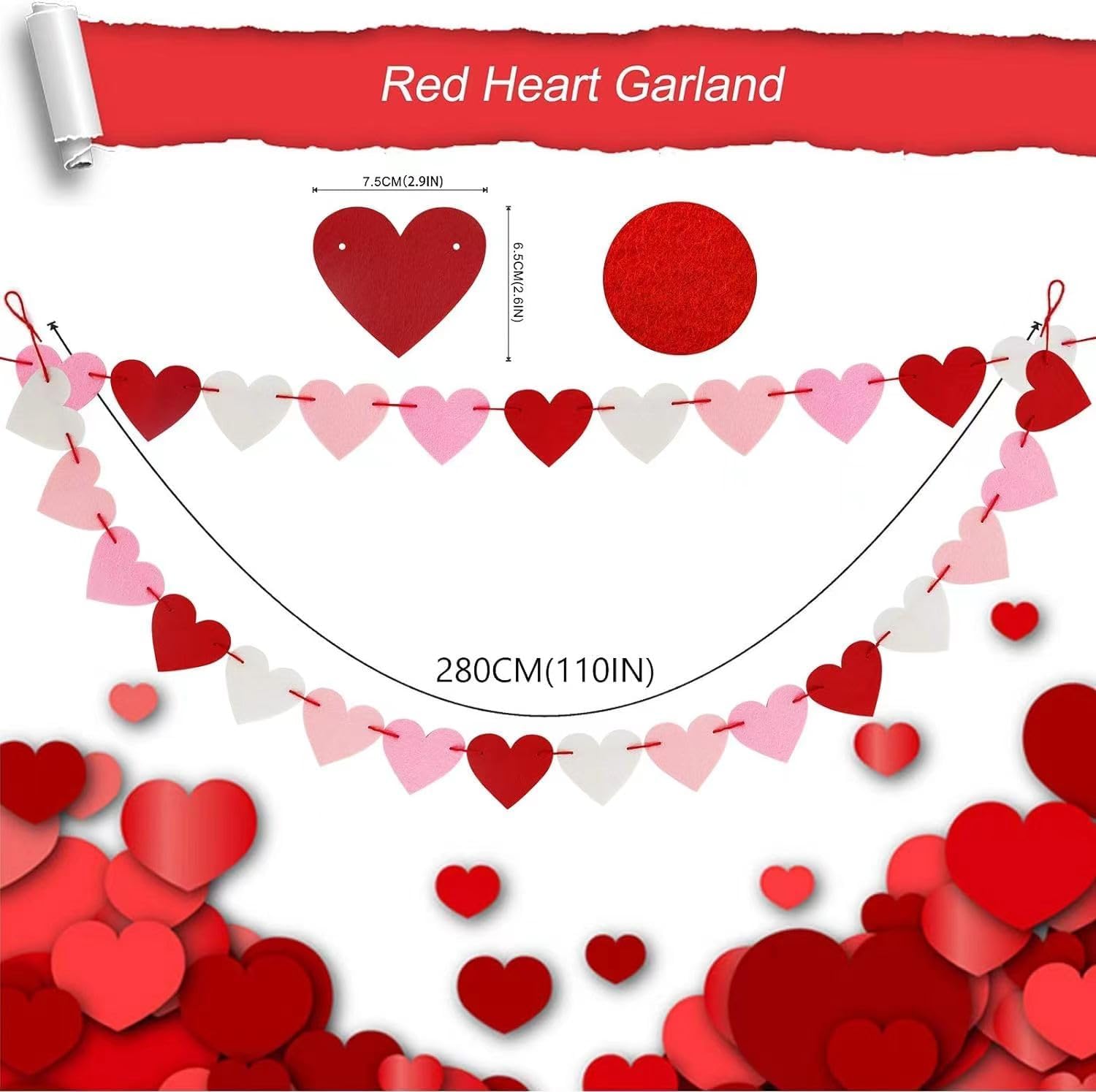 CNVOILA 2-Pc Valentines Day Banner 110inch – Heart Felt Garlands for Mantle, Fireplace & Wall