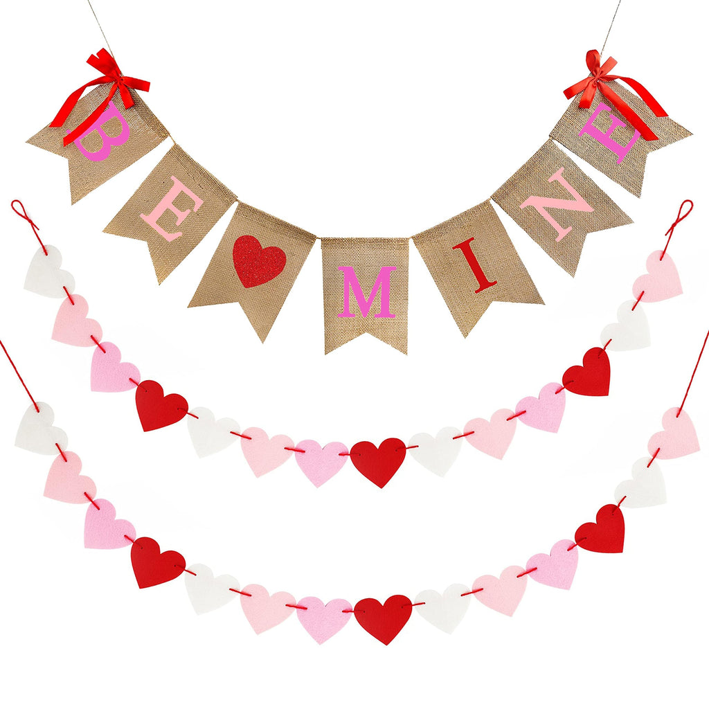 CNVOILA Be Mine Valentines Burlap Banner + 28 Felt Hearts Garland – Pre-Assembled Decor