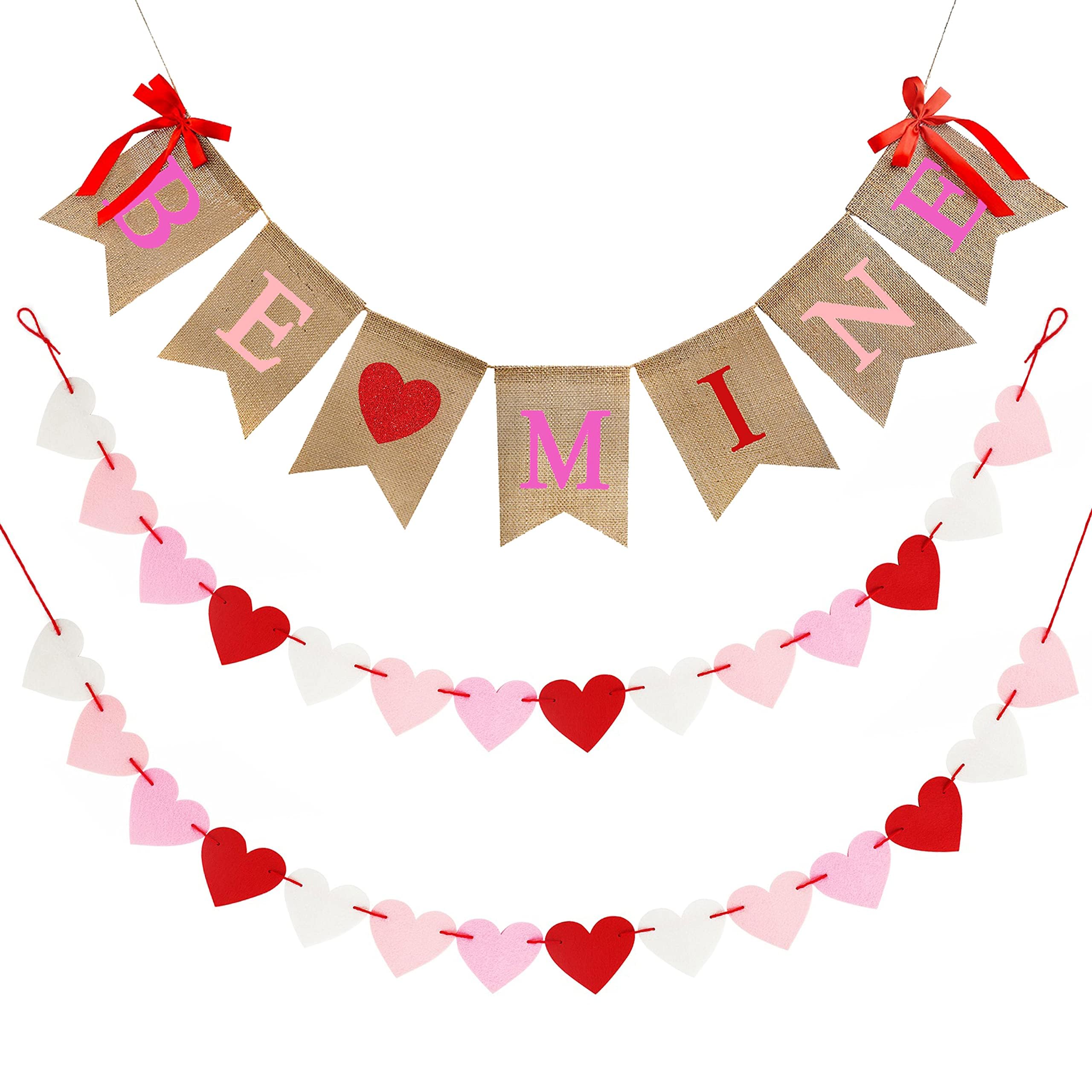 CNVOILA Be Mine Valentines Burlap Banner + 28 Felt Hearts Garland – Pre-Assembled Decor