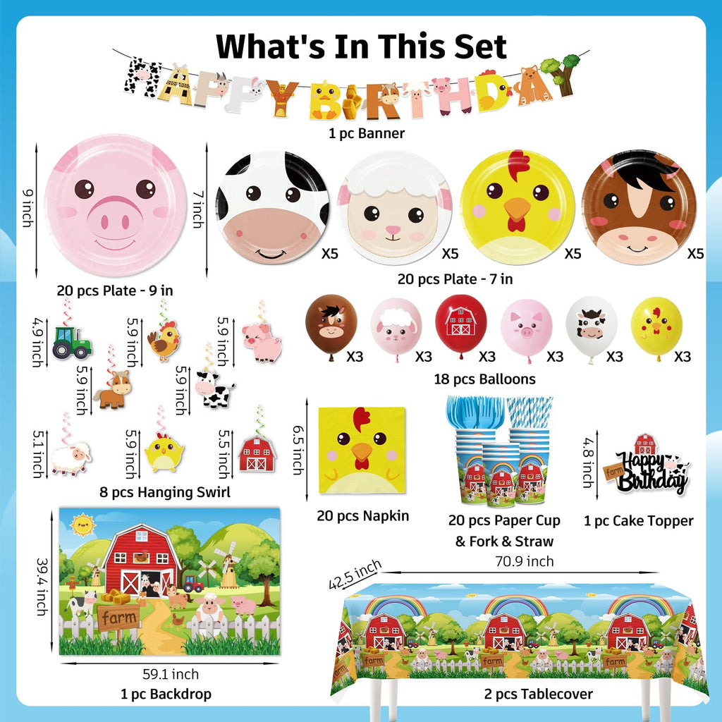 Cocomigo 159pcs Farm Birthday Decorations for Kids — 5 Styles, 300gsm Animal Plates, Backdrop, Balloons