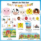 Cocomigo 159pcs Farm Birthday Decorations for Kids — 5 Styles, 300gsm Animal Plates, Backdrop, Balloons