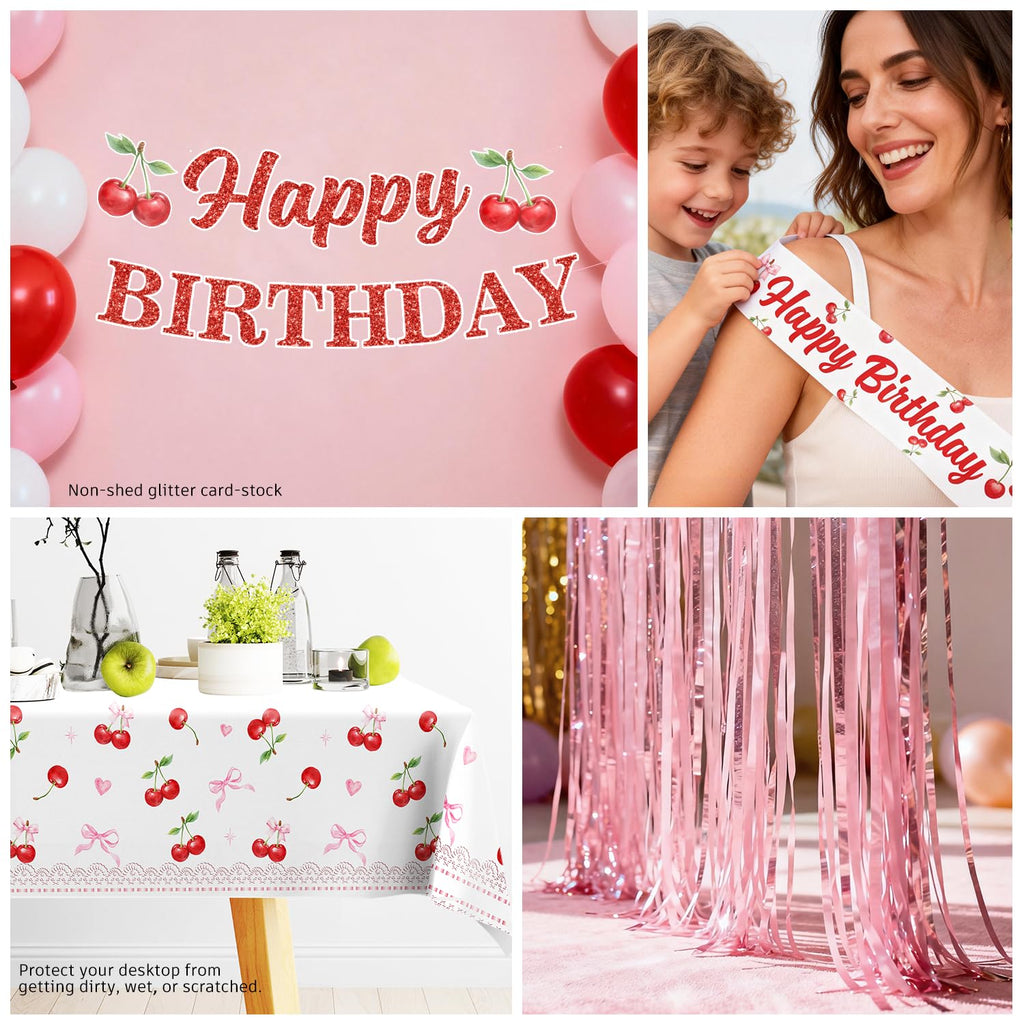 Cocomigo Cherry Birthday Decorations Kit – 270 PCS Pink Theme Tableware, Balloons, Banner, and More