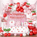 Cocomigo Cherry Birthday Decorations Kit – 270 PCS Pink Theme Tableware, Balloons, Banner, and More