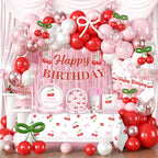 Cocomigo Cherry Birthday Decorations Kit – 270 PCS Pink Theme Tableware, Balloons, Banner, and More