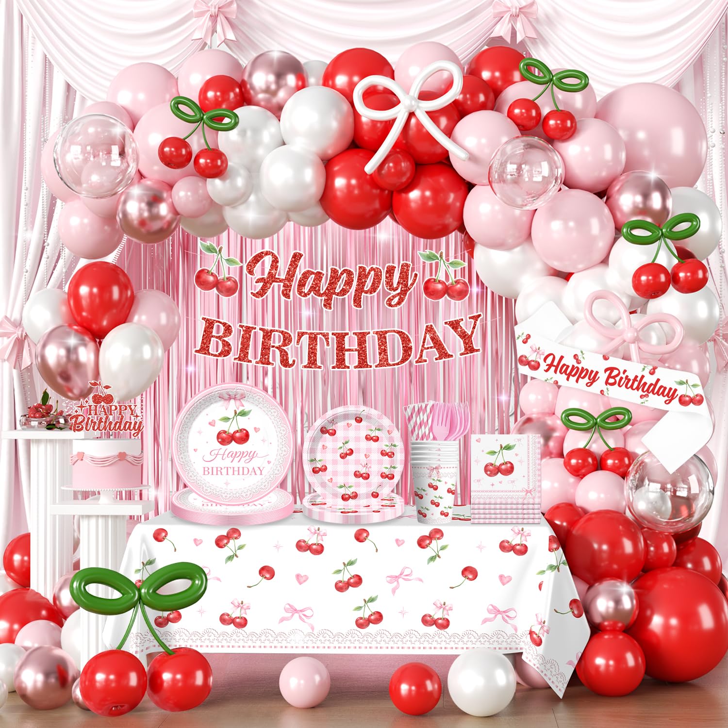Cocomigo Cherry Birthday Decorations Kit – 270 PCS Pink Theme Tableware, Balloons, Banner, and More