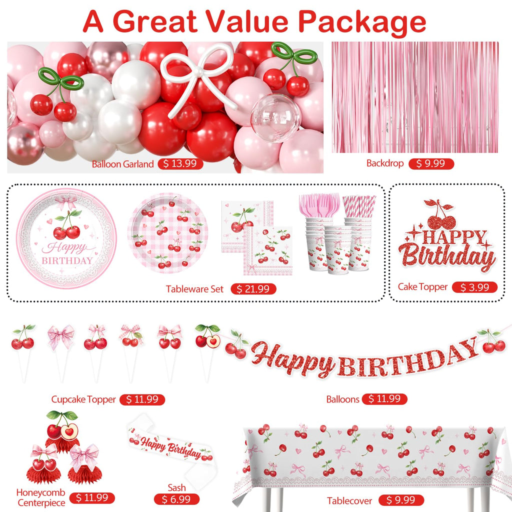 Cocomigo Cherry Birthday Decorations Kit – 270 PCS Pink Theme Tableware, Balloons, Banner, and More