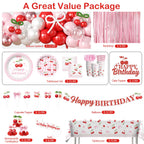 Cocomigo Cherry Birthday Decorations Kit – 270 PCS Pink Theme Tableware, Balloons, Banner, and More