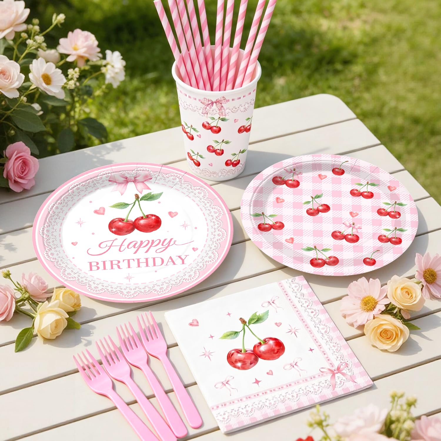 Cocomigo Cherry Birthday Decorations Kit – 270 PCS Pink Theme Tableware, Balloons, Banner, and More