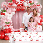 Cocomigo Cherry Birthday Decorations Kit – 270 PCS Pink Theme Tableware, Balloons, Banner, and More