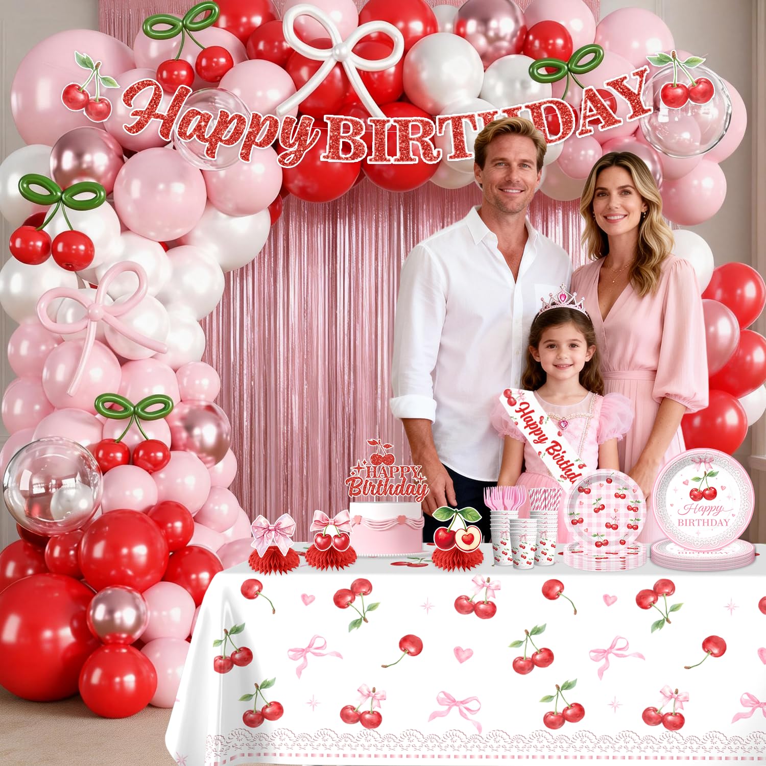 Cocomigo Cherry Birthday Decorations Kit – 270 PCS Pink Theme Tableware, Balloons, Banner, and More