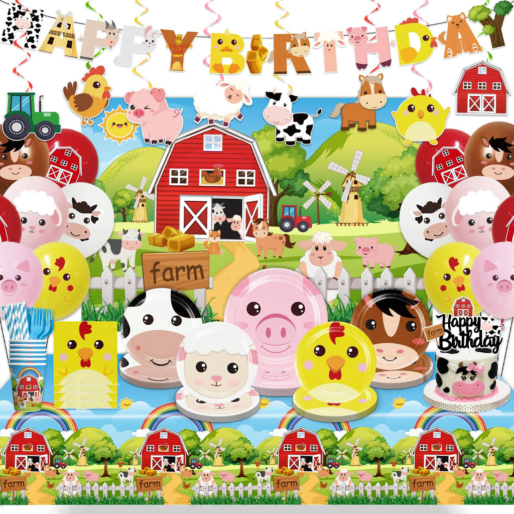 Cocomigo 159pcs Farm Birthday Decorations for Kids — 5 Styles, 300gsm Animal Plates, Backdrop, Balloons