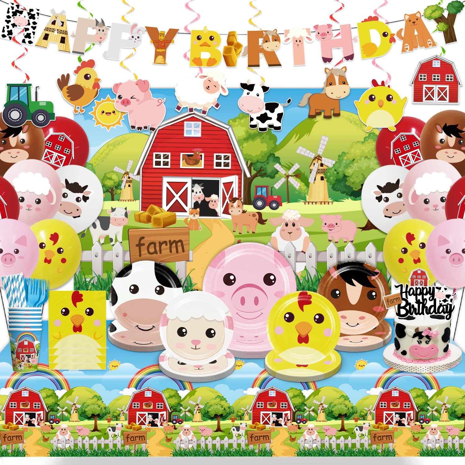 Cocomigo 159pcs Farm Birthday Decorations for Kids — 5 Styles, 300gsm Animal Plates, Backdrop, Balloons